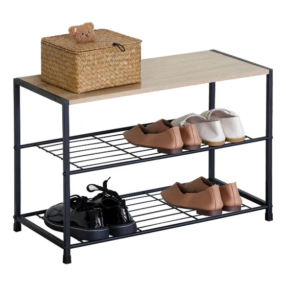 Organizador Zapatero Jazak / 3 Niveles / Con Asiento / Materiales Madera Mdf Y Hierro Super Estable / Fácil De Armar / Biblioteca Repisa / Diseño Industrial / Tipo Minimalista