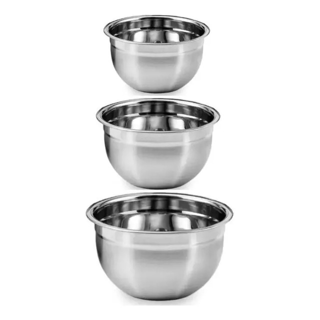 Conjunto 3 Tigelas Fundo Bowl Em Aco Inox Redonda Mundilar Cinza