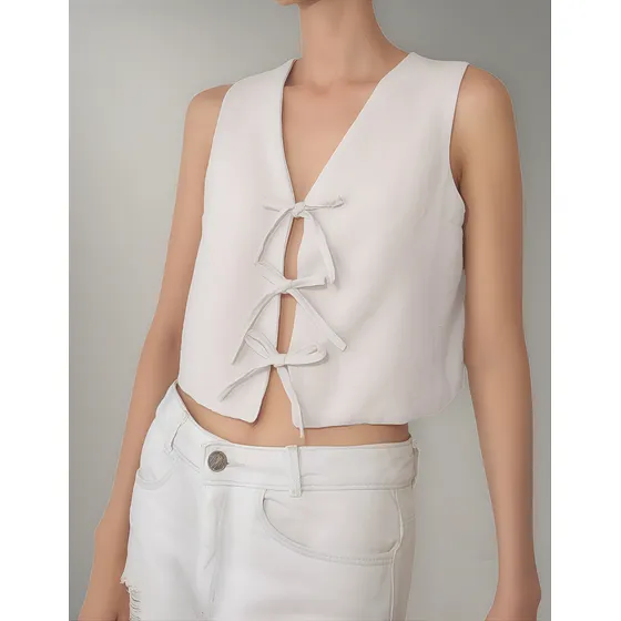 Chaleco Blusa Casual Para Mujer En Lino Indu Con Moñitos