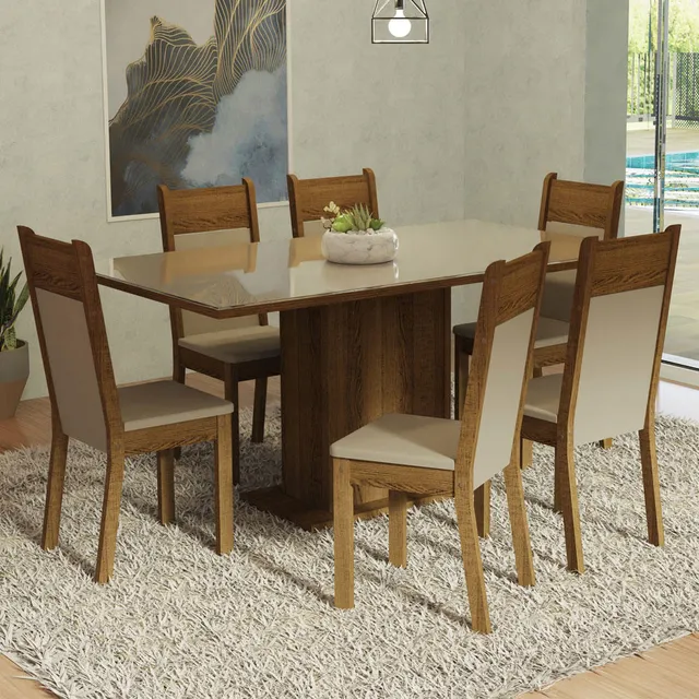Juego Comedor Mesa Tapa Vidrio 6 Sillas Francine Madesa C/m Color Crema/Marron/Beige