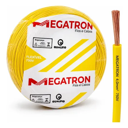 Cabo Flexível Megatron 4mm 100 Metros 450/750v Cobre Puro Amarelo