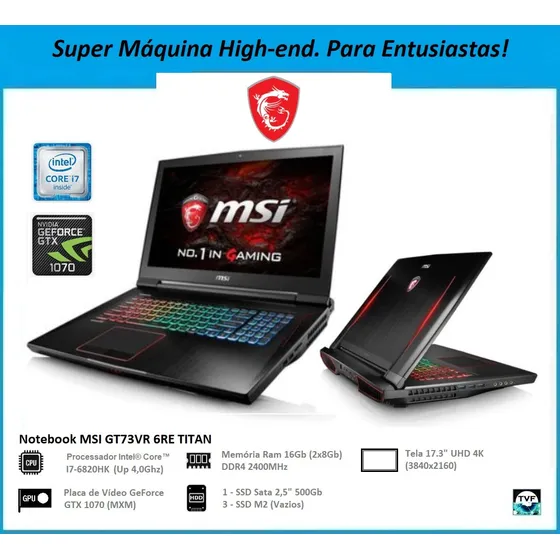 Notebook Gamer Msi Gt73vr 17   4k I7 Mxm Gtx 1070 = Rtx 2060