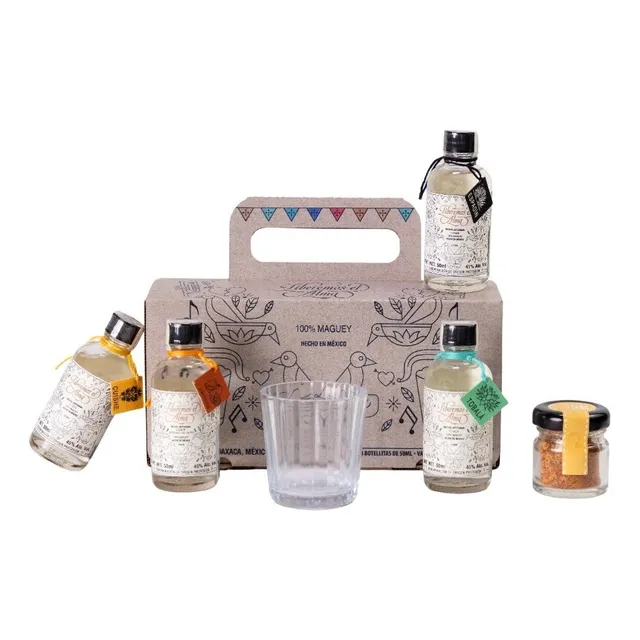 Kit Mezcal Liberemos 4 Mezcales 50ml + Sal De Gusano + Vaso
