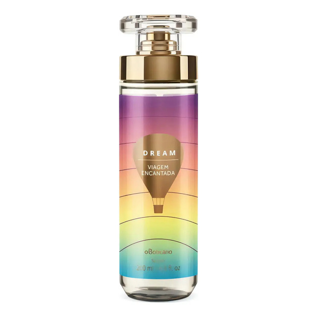 Frasco cilíndrico de Body Splash Dream Viagem Encantada de O Boticário com degradê colorido e estampa de balão