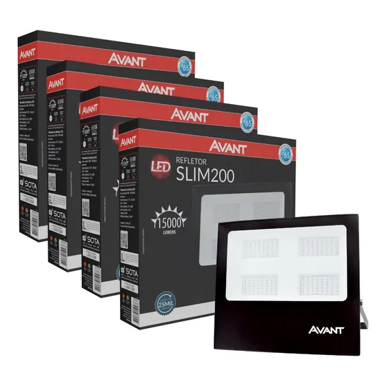 Kit 4 Refletor Led Slim 200w 6500k Branco Frio 127/220v Ip65 a prova d'água Preto Avant