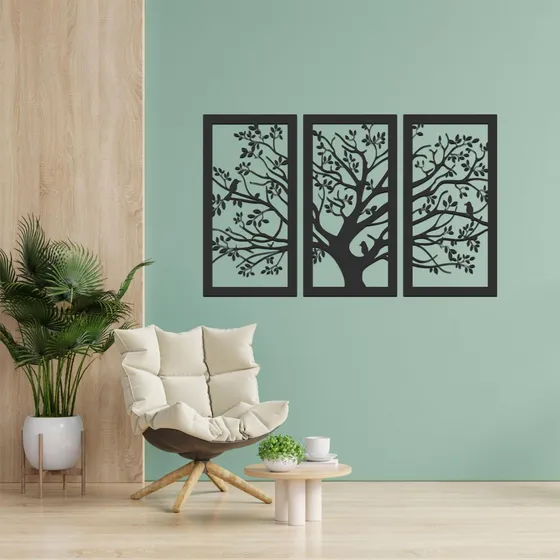 Cuadro Árbol De La Vida Triptico Mod. 2 Calado Relieve Negro