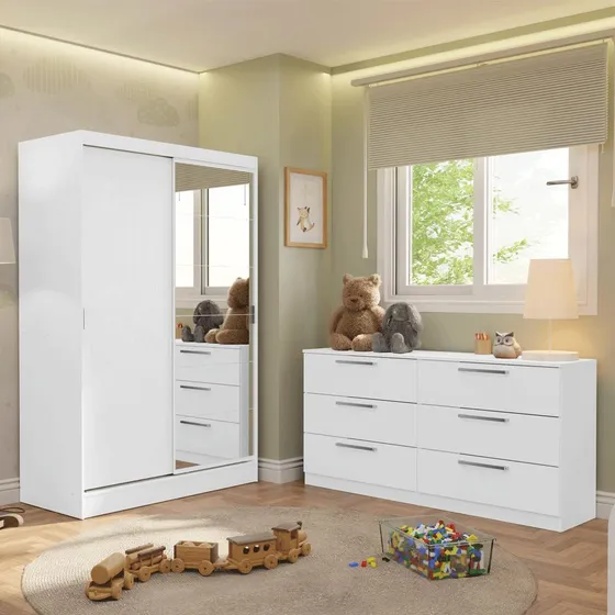 Kit Guarda-roupa Infantil 2 Portas Espelho + Cômoda Madesa Cor Branco