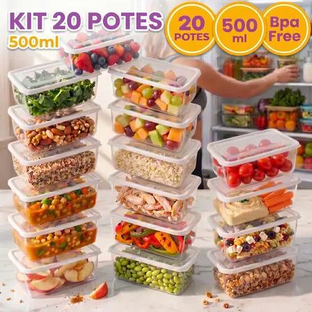 Kit 20 Potes 500 Ml Transparente Marmita Fitness Bpa Free Reutilizável Tampa Hermética Micro E Freezer Ponte Lar Utilidades