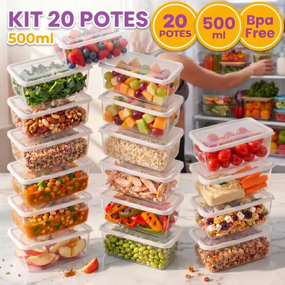 Kit 20 Potes 500 Ml Transparente Marmita Fitness Bpa Free Reutilizável Tampa Hermética Micro E Freezer Ponte Lar Utilidades