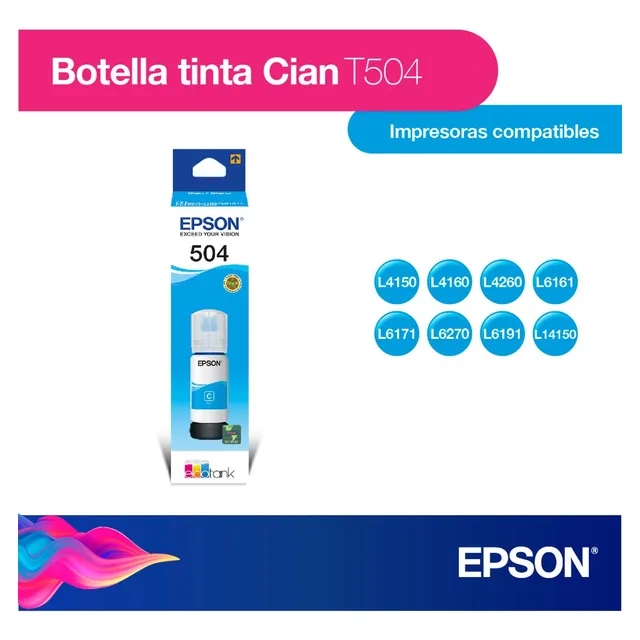 Botella De Tinta Epson Ecofit Color Cian T504
