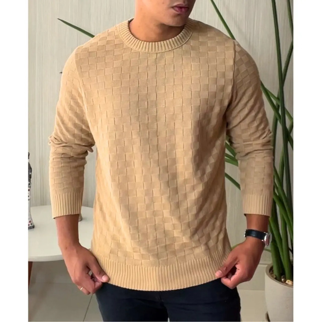 Blusa De Frio Masculina Trico Suéter Lã Gola Careca Xadrez