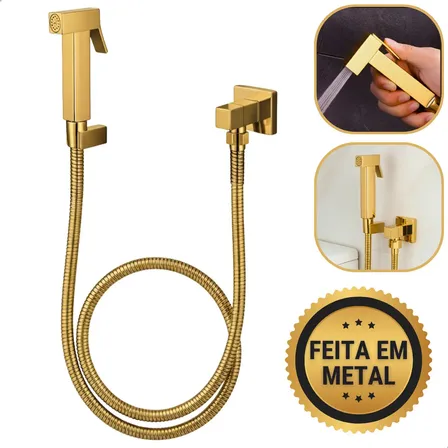 Ducha Higiênica Banheiro Quadrada Em Metal Dourado Gold Aço Inox Com Registro Suporte E Mangueira 1,20m - Softinox Brilhante