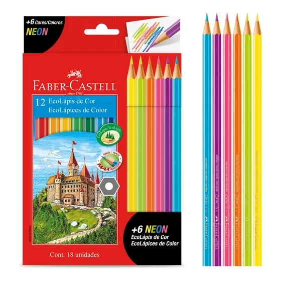 Lápis De Cor 12 Cores + 6 Cores Neon Sextavado Faber Castell