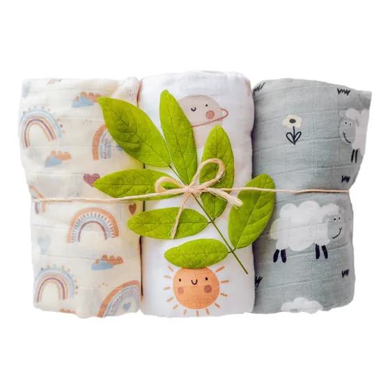 Set 3 Pzs Mantas Muselina Bambú Estampadas Bebé 120x110 Cm