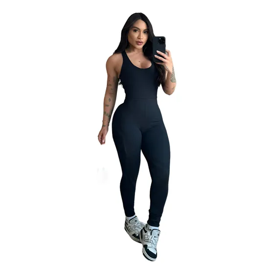 Macacão Feminino Longo Slim Regata Com Decote Arredondado