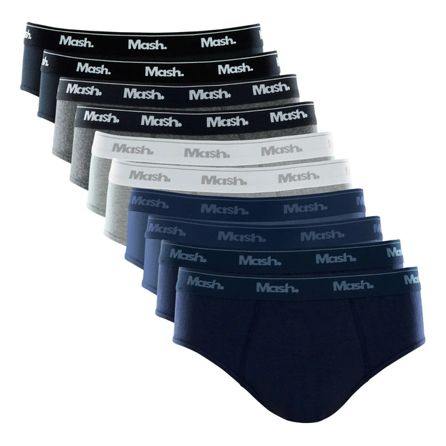 Kit com 10 cuecas slip masculinas da marca Mash em degradê de cores, exibidas em uma coluna sobre fundo branco