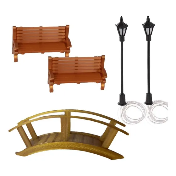 Kit Miniaturas 2 Banco/2 Poste/1 Ponte - Maquetes E Terrário