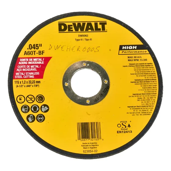 Disco Corte Metal Hp 4-1/2 X 0.045 X 7/8 Pulgadas Dewalt