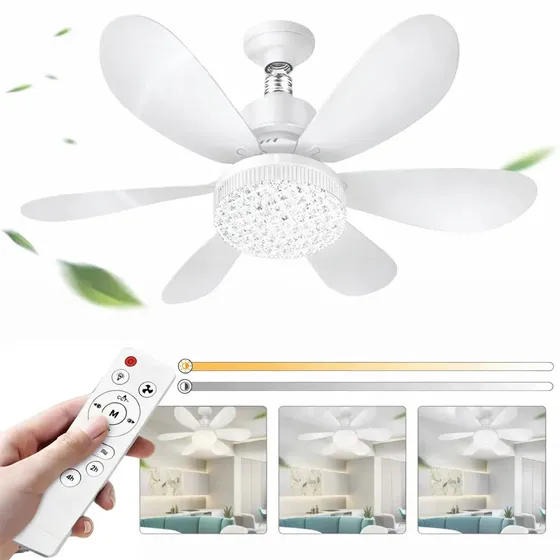 Lámpara Ventilador Cristal 52cm 6 Aspa Con Control Luz 3tono Blanco