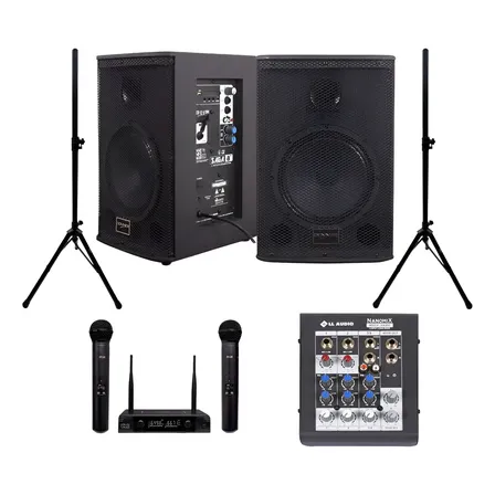 Kit Ativa Passiva Saga 8 Bt Pedestal Mesa 4 Microfone S/ Fio Preto 127/220v