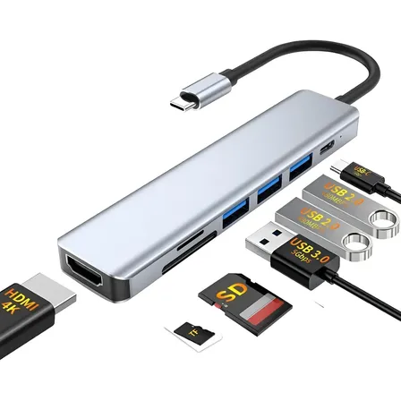Adaptador Hub 7 Em 1 Tipo C Usb 3.0 B-max Bm-8643 Hdmi 4k Sd Tf Prateado