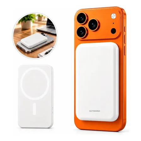 Power Bank Magnético 5000mah Magsafe Compatível iPhone Carregador Portátil Sem Fio Recarga Bateria Externa Indução Eletromind