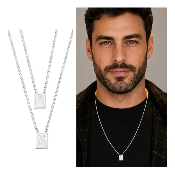 Escapulário De Prata 925 Banhado Masculino Cordão Grumet Cor Prateada Nossa Senhora Aparecida E Sagrado Coração De Jesus Marca Andreia Branco Acessórios