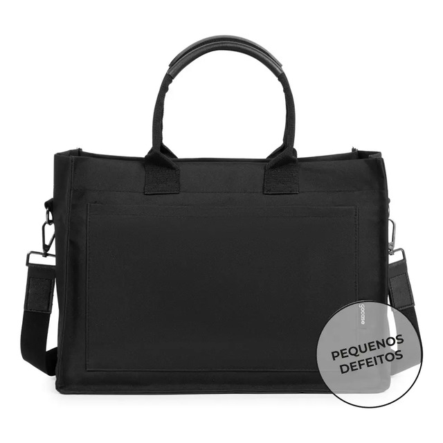 Bolsa Tote Mini Gocase na cor preta com alças de mão e alça transversal, exibindo selo de outlet com a inscrição pequenos defeitos