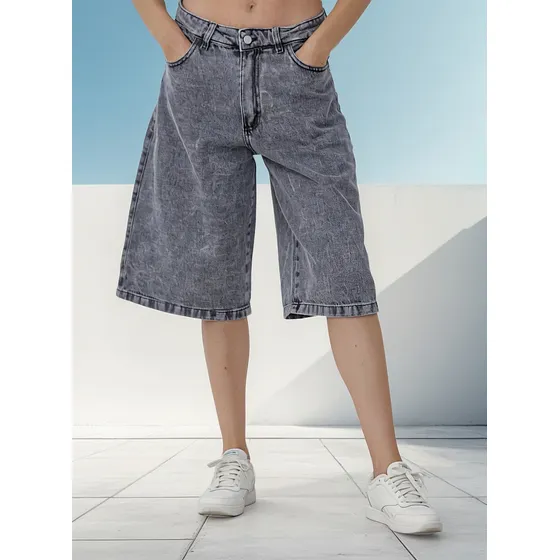 Bermuda Baggy Gris Nevada Rigida Mujer Kinoa Denim