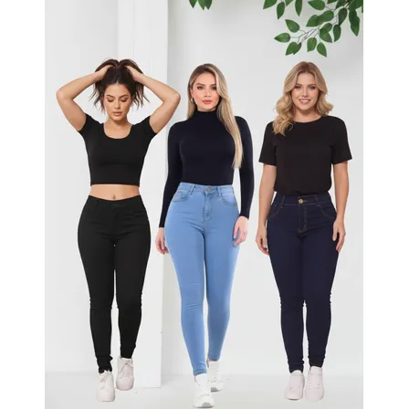 Kit 3 Calça Feminina Jeans Cintura Alta Com Bastante Lycra
