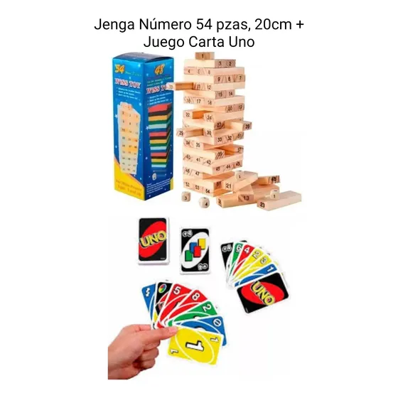 Jenga Bloques Madera Numérico 54pzs X 20cm+ Juego Carta Uno