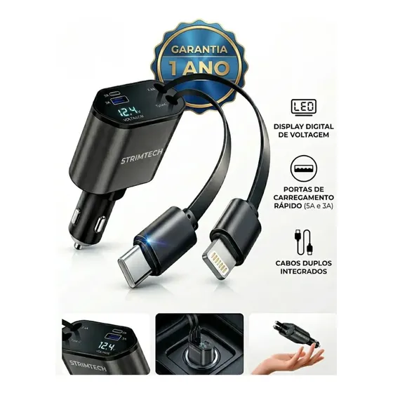 Kit Tomada Veicular Retrátil Turbo 120w Compatível Com Iphone Samsung Carro Caminhão Entradas Usb Cabo De Saídas Tipo C 4 em 1 Voltímetro Display Digital Led Carregador Rápido Super Potente