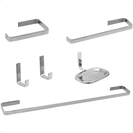Kit Acessorio Para Banheiro Com 6 Peças Quadrado Todo Metal - Prateado