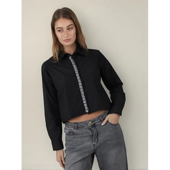 Camisa Crop Bijou De Poplin Con Piedras Guk70059 Arizona