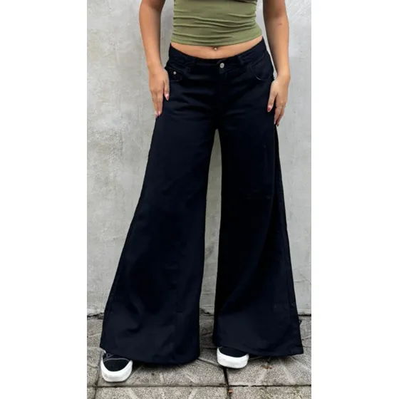 Maxi Palazzo Negro Rigido Tiro Medio Kinoa Denim
