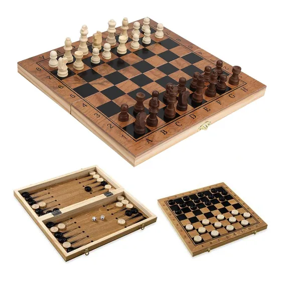 Juego De Mesa 3 En 1 Ajedrez Damas Backgamon Madera Maletín