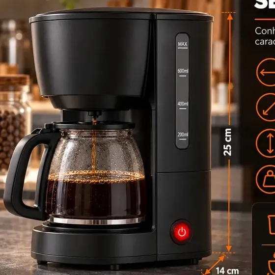 Cafeteira Elétrica 15 Xícaras 600ml com Filtro Permanente Sistema Corta-Pingos e Base Aquecedora para Café Casa Escritório Cozinha Viacruz
