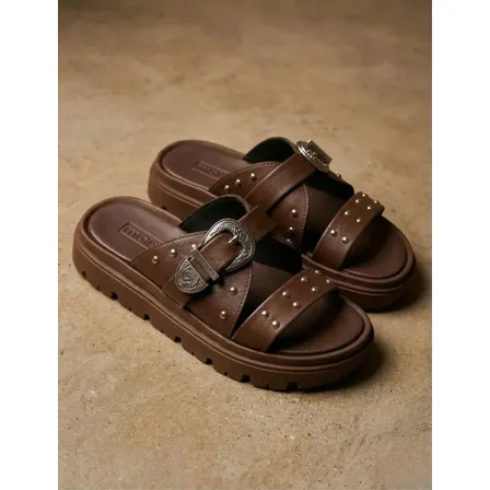 Sandália Birken Papete Flat Moleca Conforto Tratorada Spike Chocolate Liso 34 Br