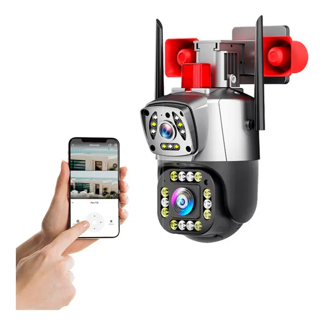 Camara Ip Wifi Ptz Doble Lente 360 Exterior Sirenas Alarma Color Negro