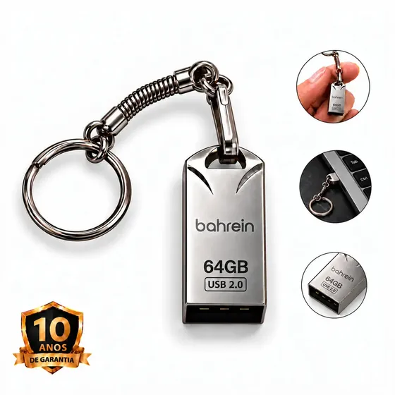 Pen Drive 64GB Bahrein Chaveiro Mini Metálico, USB 2.0 Prata para PC e Som Automotivo