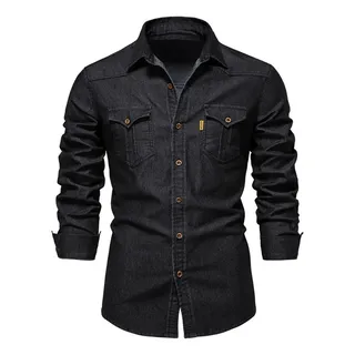 Camisa Vaquera De Manga Larga Ajustada Para Hombre