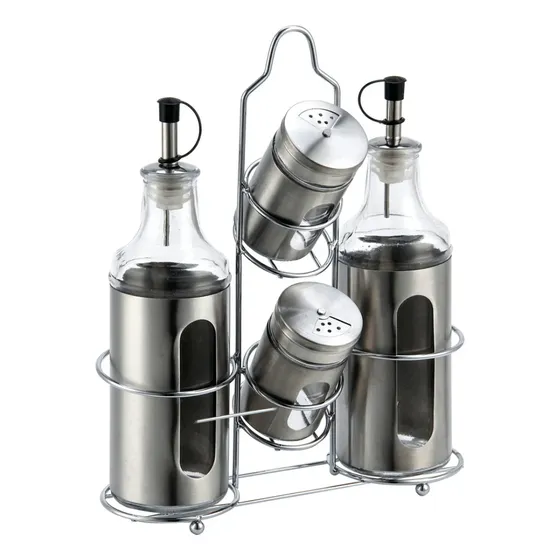Soporte para aceite de acero inoxidable y vidrio, soporte para salero de 4 piezas