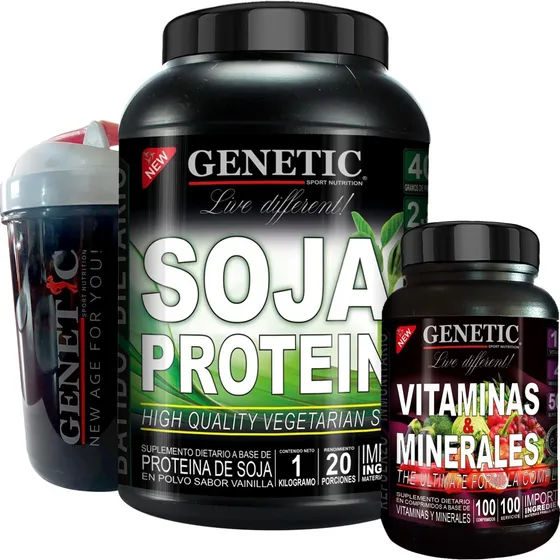 Batido Dieta Vegano Proteina Soja 1kg Vitaminas Vaso Genetic Sabor Vainilla