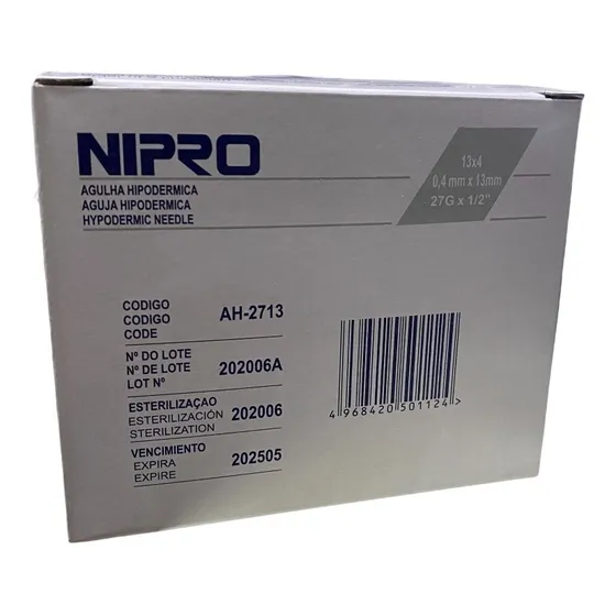 Aguja HiPodérmica Nipro 27gx13mm ( 1/2 ) Gris Caja 100u Capacidad en volumen 0 mL