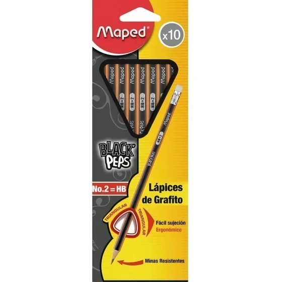 Lapiz Maped Black Peps Hb No 2 Con 10 Piezas Triangular