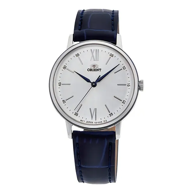Reloj Orient Cuero Azul Sumergible Clasico Mujer Ra-qc1705s Malla Plateado Bisel Plateado Fondo Blanco