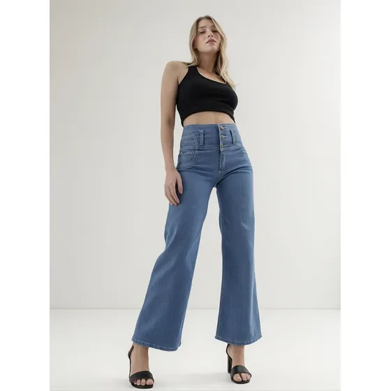 Jean Wide Leg Mujer Celeste Con Faja Elastizado Flex Denim