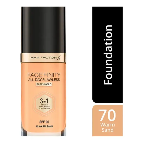 Base de maquillaje líquida Max Factor FaceFinity All Day Flawless Base de maquillaje vegana 3 en 1 All Day Flawless de Facefinity tono w70 warm sand - 30mL