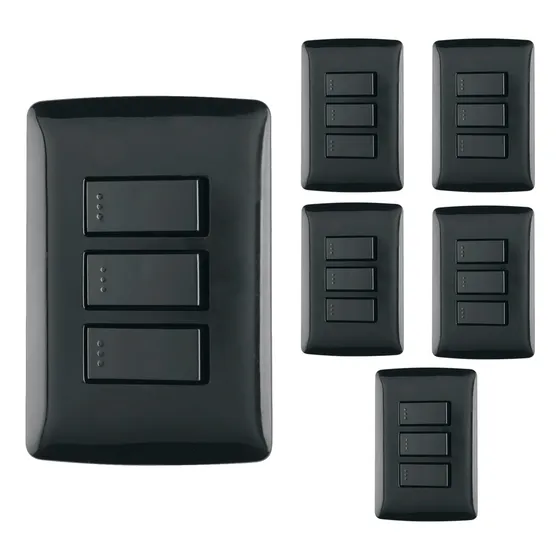 Kit 6 Placas Armadas, 3 Interruptores Sencillos Negro
