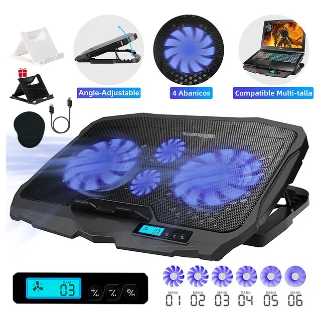 Base Enfriadora Laptop Ajustable 4ventiladores, 6velocidades Color Agua+ 2 soportes para teléfonos móviles